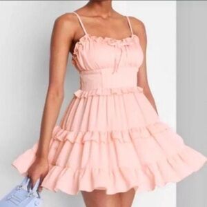 HoneyPeach Elegant Baby Pink Ruffled Sun Dress Medium